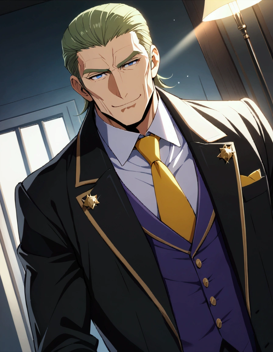 1man, (mature dad in ail-soft style, dandy president, moss olive hair, deepblue eyes, arafed spiky hair slicked back, spiked businessman hairstyle), ideal ratio body proportions, BREAK (over 30s, elder producer, toned dilettante, high cheekbones, broad shoulder, square shaped face, handsome, beautiful detailed eyes, under 40s), BREAK (violet formal jacket, purplewhite shirt, yellow necktie, simple costume), BREAK solo, cool smile, smart emotion, BREAK upperlegs, romantic expression, 2000s, old hentai CG, in Ribahara Aki style, BREAK depth of field, dutch angle, cinematic shadows, cinematic lighting, lens flare, light leaks, texture, absurdres absolutely resolution, extreme all detailed, greatest paint, BREAK masterpiece, best quality, BREAK score_9, score_8_up, score_7_up, source_anime, rating_safe, score_6_up, score_5_up, score_4_up