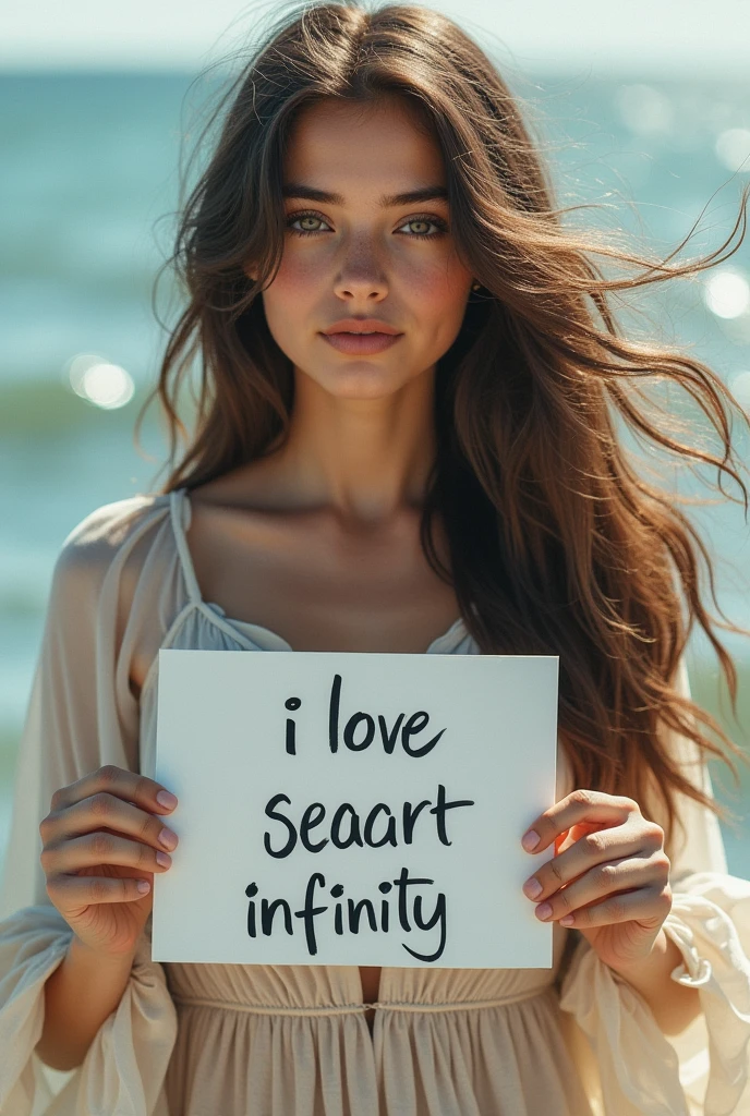 Beautiful girl with wavy long hair, bohemian dress, holding a white board with text "I Love Seaart Infinity" and showing it to the viewer
