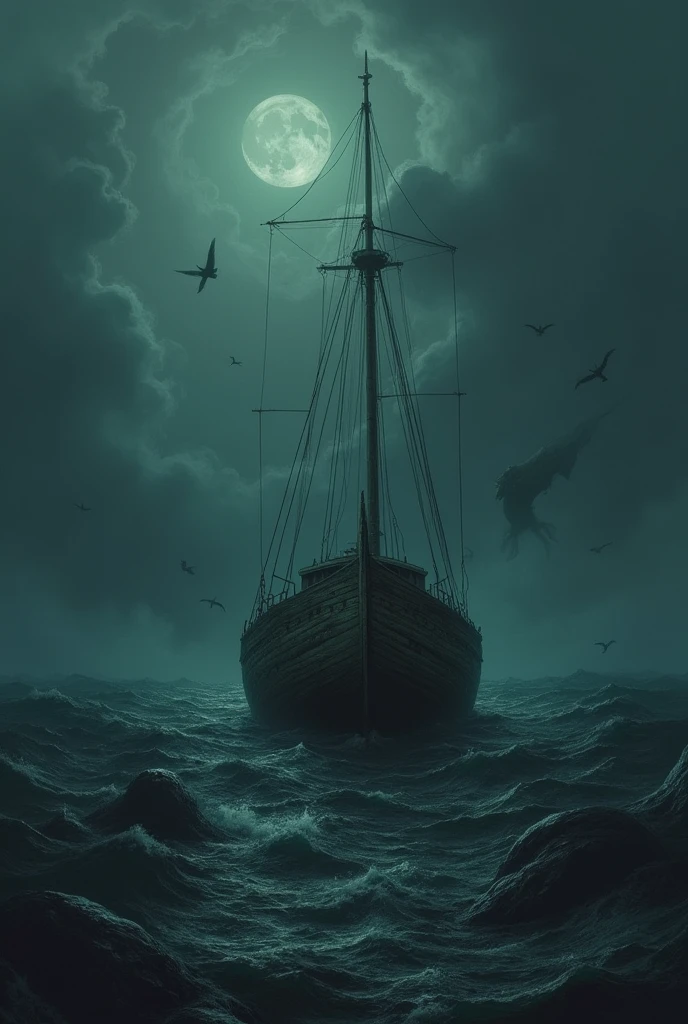 A boat on the water and under water several fish and sea monsters in sight, dark art