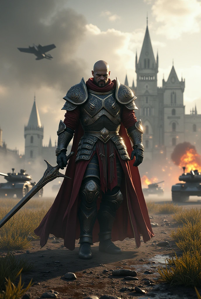 Warden from for honor fighting against multiple modern armies with a shiny sword, in a modern battle battlefield infront of a big georgian castle, grass and stones on the ground, grenade explosions in background, modern F15 planes are flying on the sky, tanks on the background, armies with futuristic guns fighting in the background,
high resolution, puddles on the ground, before dawn time, dark fantasy movie style, dark cinematic movie luts, 4k, rtx, photorealistic, fantasy, ((best quality)), ((masterpiece)), (detailed), detailed armor and body,
