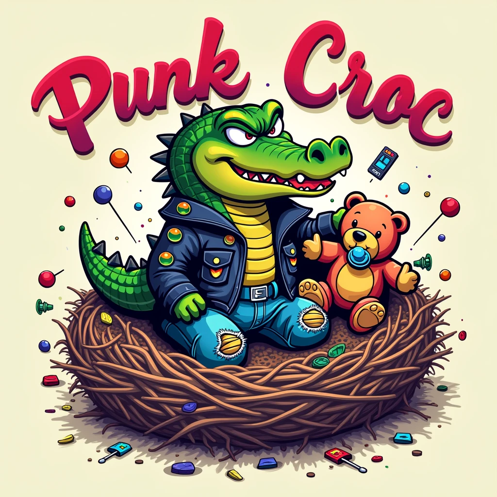 Create print with playful sophistication, splash art with vibrant colors and creative details, nostalgia with a punk twist and humor. The edges of the composition seamlessly blend into a clean and simple background. Title 'PUNK CROC' curved along the top in a bold, plush font, in front of the image.

In the center, depict a cute, adorable and wacky baby crocodile wearing a spiked leather jacket and ripped jeans, holding a teddy bear with a safety pin through its ear. The crocodile's expression is fierce but playful, with a pacifier hanging out of its mouth. Around the crocodile, create a nest made of colorful punk paraphernalia, such as safety pins, ripped patches, and old cassette tapes.