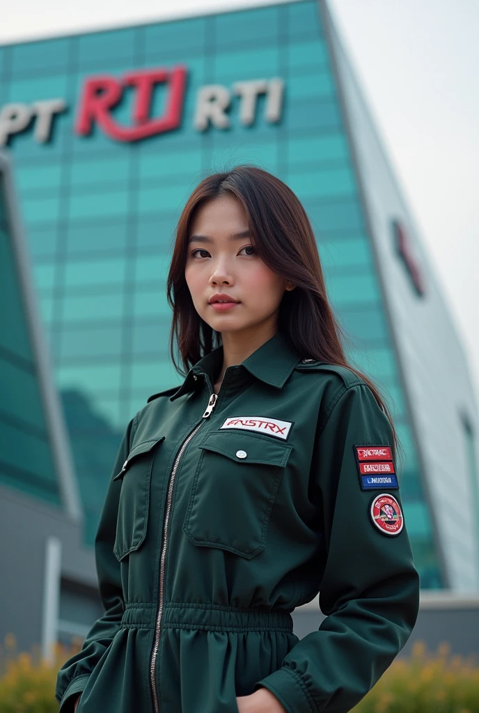 a beautiful Asian woman wearing a fastRX cargo uniform with the logo, posing in front of PT. RTI Building with the logo, HD quality, bokeh