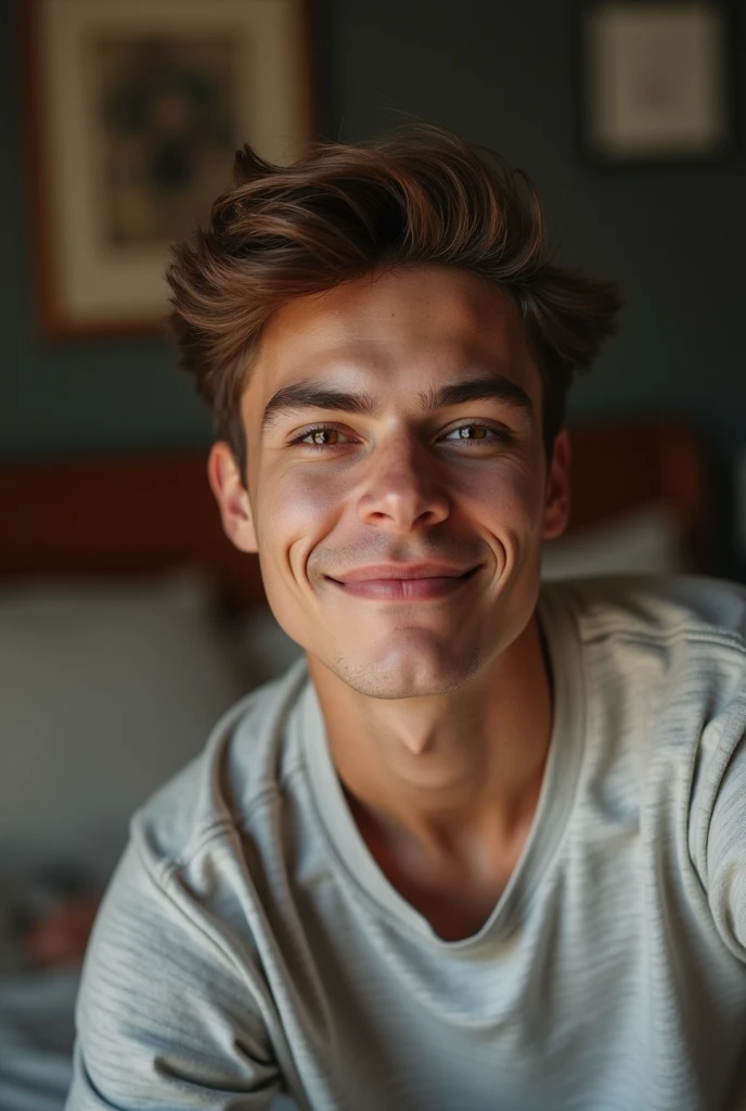 young man with brown hair smirking in his bedroom, stock photo