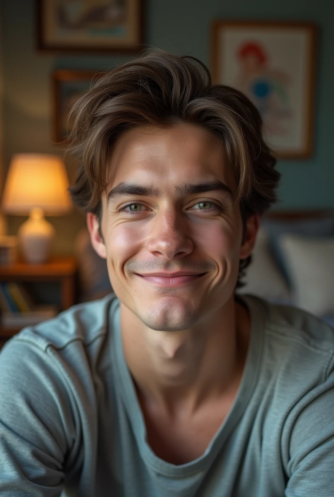 young man with brown hair smirking in his bedroom, stock photo