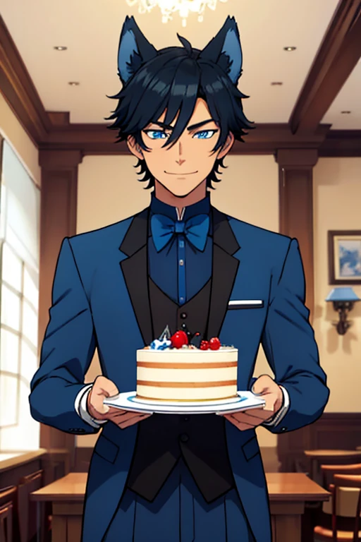 Perfect face. Perfect hands. A handsome black haired man with blue eyes and dark blue wolf ears and a dark blue wolf tail in a butler's uniform is smiling while serving a slice of cake in a fancy butler's cafe