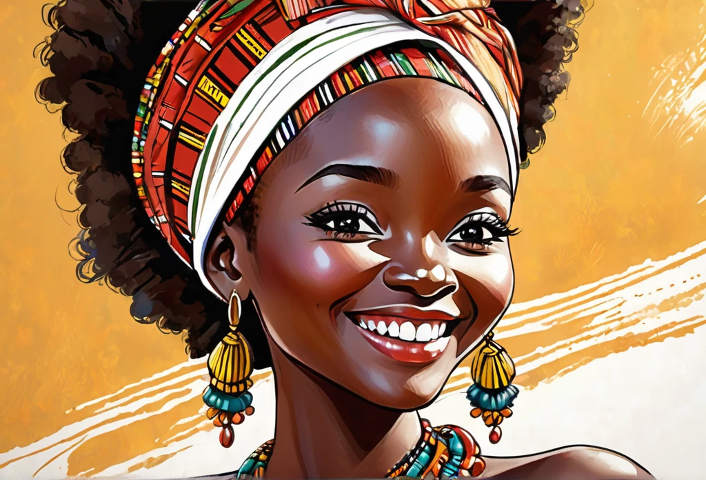 A kenyan lady with traditional hair band smiling
African (masterpiece best quality:1.2) delicate illustration ultra-detailed, illustrations, bright, colourful,