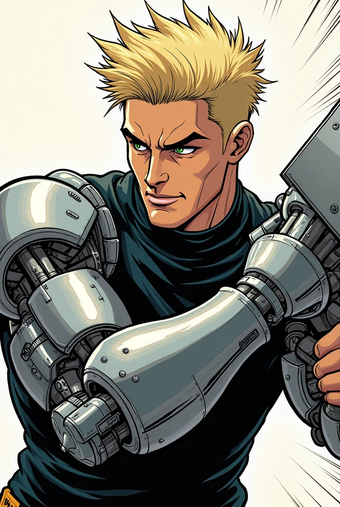 Make a man with short blonde spiky hair with a robotic right arm holding a metal mallet manga art style 