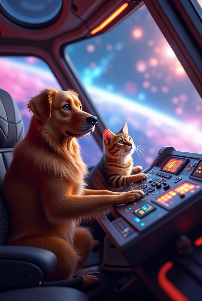 "Ultra-realistic 4K cinematic image of a golden retriever dog and a tabby cat piloting a futuristic spaceship through a colorful nebula, the dog confidently at the controls while the cat monitors the glowing dashboard, stars and cosmic dust swirling outside the windows, vibrant and dynamic lighting, the thrill of space adventure captured in their expressions, highly detailed spaceship interior, Unreal Engine 5 quality, ultra-high resolution"
