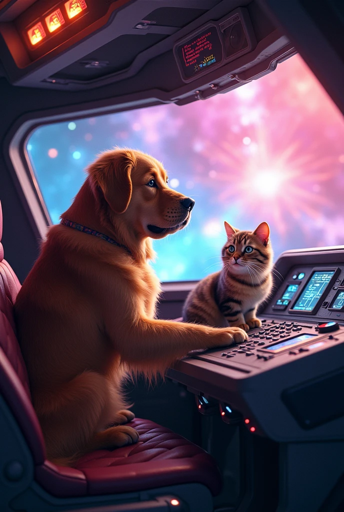 "Ultra-realistic 4K cinematic image of a golden retriever dog and a tabby cat piloting a futuristic spaceship through a colorful nebula, the dog confidently at the controls while the cat monitors the glowing dashboard, stars and cosmic dust swirling outside the windows, vibrant and dynamic lighting, the thrill of space adventure captured in their expressions, highly detailed spaceship interior, Unreal Engine 5 quality, ultra-high resolution"

