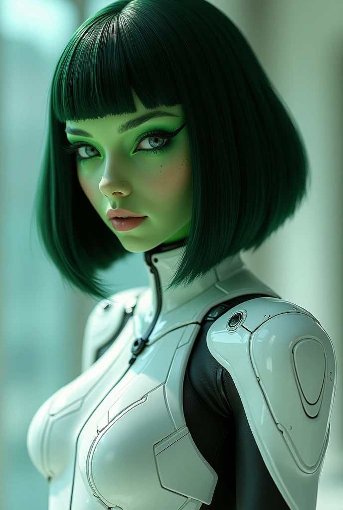 1girl, alien, beautiful, green skin, dark green hair, seamless bob cut, white cybernetic armor, bodysuit, black accents, uppee body shot, sci-fi, superhero, shoulder pads,
