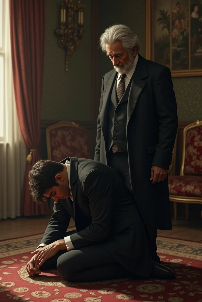 30 year old rich young man on his knees crying asking for forgiveness,  put an old man in the photo