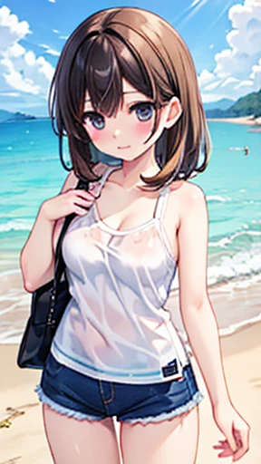 (masterpiece, Highest quality, Absurd, Game CG, figure, Very detailed), One girl, alone, (mayu kuroe), Beautiful attention to detail, Are standing, Beach, Tank top, Short shorts