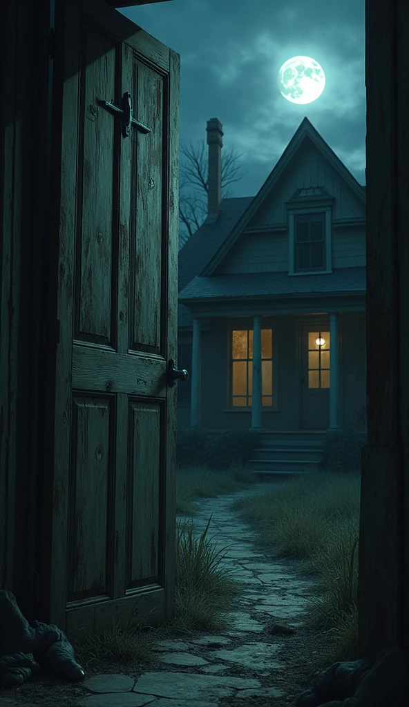 A decrepit, dark house with a weathered façade and overgrown yard, illuminated by moonlight. The house appears ominous and abandoned, with an air of mystery surrounding it.A close-up of a worn, wooden door with deep, menacing scratches carved into it. The door is slightly ajar, and the darkness beyond is unsettling, suggesting something sinister might be lurking inside.A young man in a dark, disheveled room with flickering lights. He is depicted in a state of horror, with wide eyes and an expression of intense fear. The room’s shadows are thick and eerie, adding to the sense of dread.An interior shot of a dark, empty room with heavy, creeping shadows on the walls. The room is lit only by the occasional flicker of light, and ghostly, indistinct forms seem to move in the darkness, enhancing the feeling of an unseen presence.