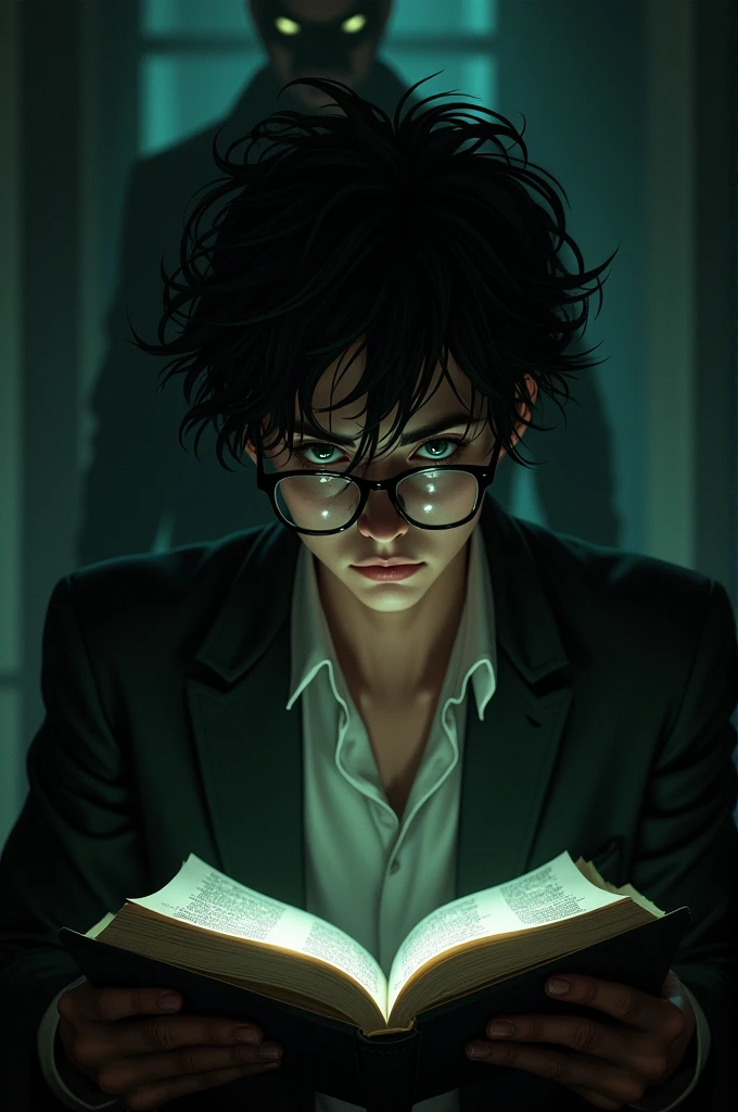 The Riddler watches from the shadows as Alex reads the book. Alex's face (2 young man, delgado, with messy black hair and dark eyes and wears glasses) shows doubt and concentration.