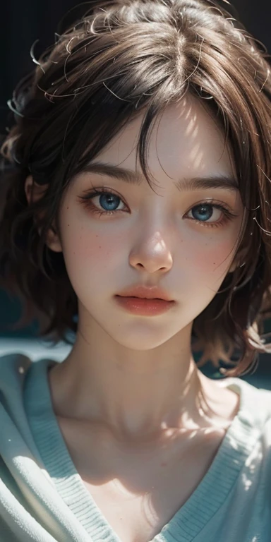 (masterpiece: 1.2, Portraiture, Highest quality), Realistic, (Live Action, Intricate details, Written boundary depth), Highest quality, masterpiece, Attention to detail, semi-Realistic, Lie face down on the bed, shy, Age 27, blond, short hair, blue eye, T shirts, Slim figure、Dark Room