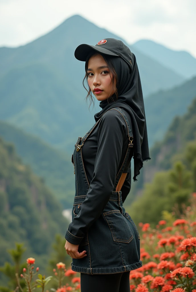 full-body portrait photograph of a young java woman hijab with polo Cap, wearing pinafore with tight-fitting , miniskirt with leggings, oversized_breasts.", she is hiking, beautiful_breasts. sensual body, in a unique, photoshot model, ((In front of flowers in top of mountais)), pullover, highres, 4k, HDR, 1girl, photorealistic, realistic, big booobs, turning away facial at viewer, closeup