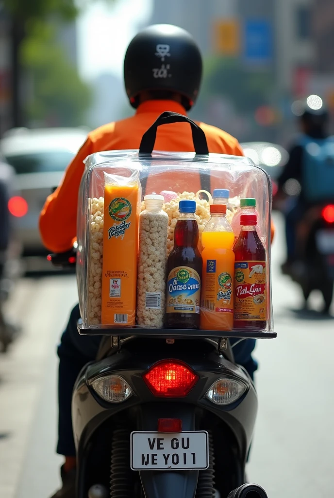 Grab food rider has a clear plastic bag with bottles of soda, beer and snacks on the sides and a cube-shaped bag at the back.