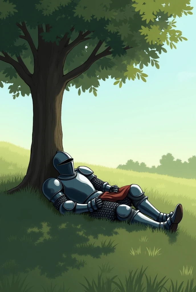 A knight in armor with his face covered fell asleep tiredly on a flat, quiet meadow under the shade of a tree., Basically, it is only shaded by one tree and there are no other trees around it. (windows wallpaper grassland)