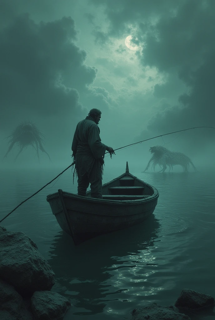 A boat with fisherman on the water and under water several fish and sea monsters in sight, dark art