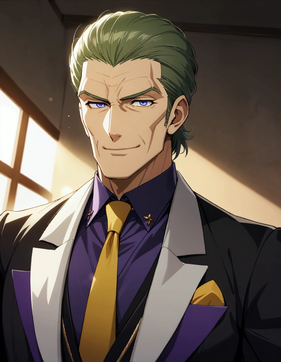 1man, (mature dad in ail-soft style, dandy president, moss olive hair, deepblue eyes, arafed spiky hair slicked back, spiked businessman hairstyle), ideal ratio body proportions, BREAK (over 30s, elder producer, toned dilettante, high cheekbones, broad shoulder, square shaped face, handsome, beautiful detailed eyes, under 40s), BREAK (violet formal jacket, purplewhite shirt, yellow necktie, simple costume), BREAK solo, cool smile, smart emotion, BREAK upperlegs, romantic expression, 2000s, old hentai CG, in Ribahara Aki style, BREAK depth of field, dutch angle, cinematic shadows, cinematic lighting, lens flare, light leaks, texture, absurdres absolutely resolution, extreme all detailed, greatest paint, BREAK masterpiece, best quality, BREAK score_9, score_8_up, score_7_up, source_anime, rating_safe, score_6_up, score_5_up, score_4_up