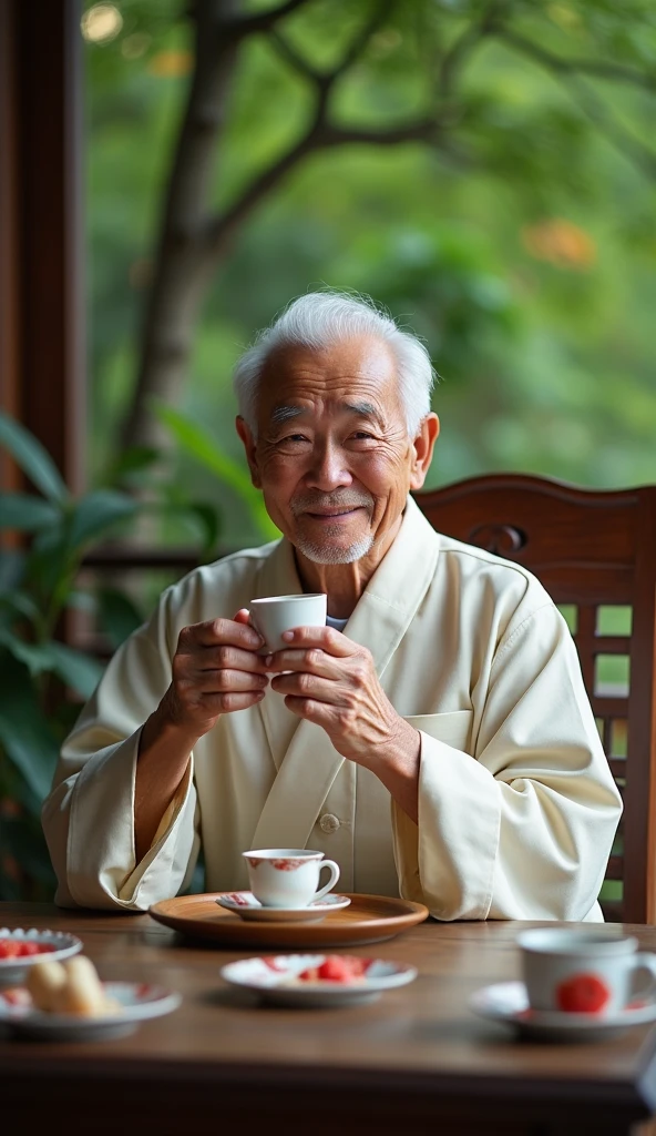 Chinese feng shui master, kind face, white hair, cheerful, drinking tea,  
 The teacher sat looking straight ahead, behind him was a scene of cozy green trees ( The teacher sat looking straight ahead. )