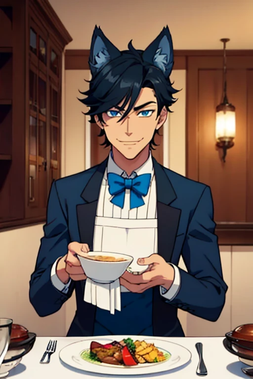 Perfect face. Perfect hands. A handsome black haired man with blue eyes and dark blue wolf ears and a dark blue wolf tail in a butler's uniform is smiling while serving dinner in a fancy butler's cafe