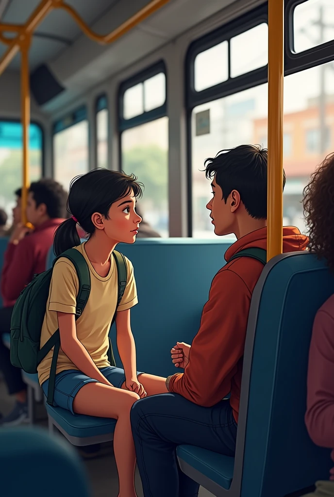 Peruvian student talks to Peruvian university student on a bus