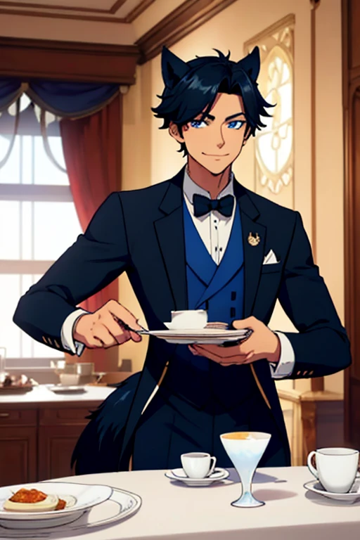 Perfect face. Perfect hands. A handsome black haired man with blue eyes and dark blue wolf ears and a dark blue wolf tail in a butler's uniform is smiling while serving dinner in a fancy butler's cafe