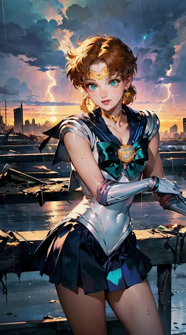 (La Best Quality,A high resolution,Ultra - detailed,actual),Ariana Grande is sailor moon venus, (Sailor senshi uniforms:1.4), dark orange hair, medium hair, Supplicant skirt, (White elbow gloves:1.1), joya, medium chest, dynamic background, Dynamic posture,More detailed 8K.unreal engine:1.4,HD,La Best Quality:1.4, photorealistic:1.4, skin texture:1.4, masterpiece:1.8,masterpiece, Best Quality,object object], (detailed facial features:1.3),(fingers detailed :1.4 ),(Apocalyptic city destroyed:1.7), choker, (White glove:1.4), choker verde, Elbow Groves, joya,(sunset background:1.4),(sailor Neptune:1.4),(cowboy pose :1.4), (beautiful green eyes :1.4), ,( cyberpunk 2.1), (kawaii style :1.4), (sailor moon venus :1.4 ), (Perfect anatomy:1.4 ), (background rain thunder lightning :1.4) 