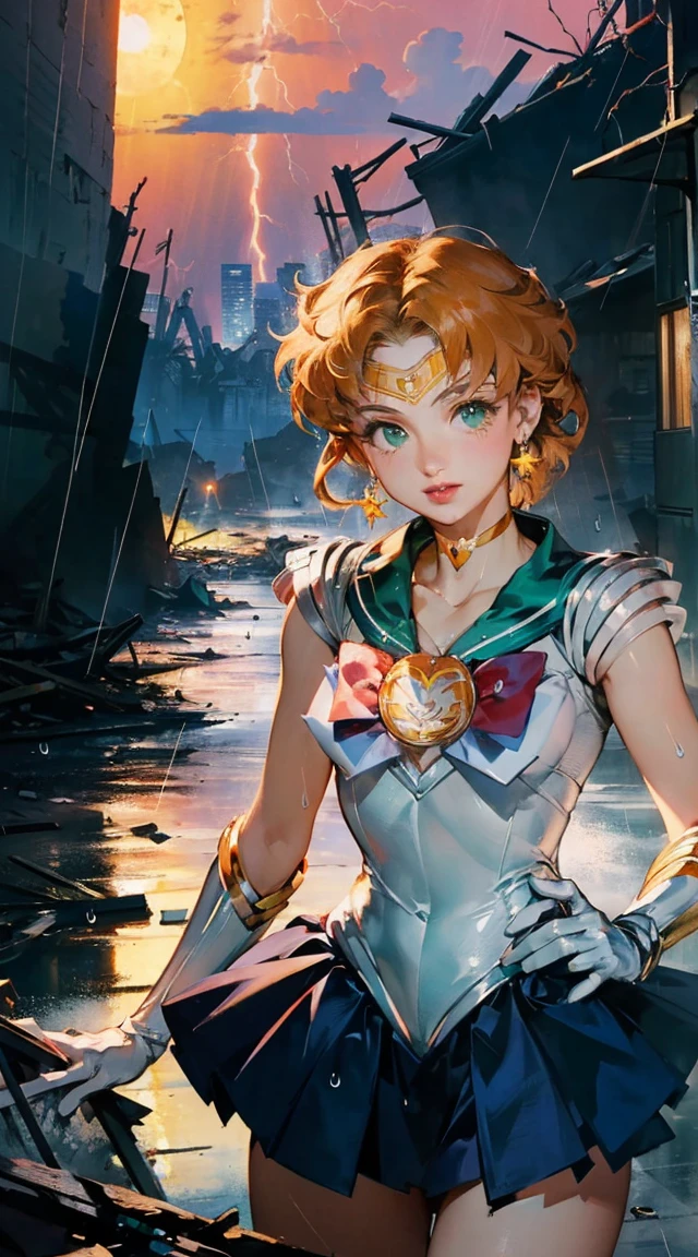(La Best Quality,A high resolution,Ultra - detailed,actual),Ariana Grande is sailor moon venus, (Sailor senshi uniforms:1.4), dark orange hair, medium hair, Supplicant skirt, (White elbow gloves:1.1), joya, medium chest, dynamic background, Dynamic posture,More detailed 8K.unreal engine:1.4,HD,La Best Quality:1.4, photorealistic:1.4, skin texture:1.4, masterpiece:1.8,masterpiece, Best Quality,object object], (detailed facial features:1.3),(fingers detailed :1.4 ),(Apocalyptic city destroyed:1.7), choker, (White glove:1.4), choker verde, Elbow Groves, joya,(sunset background:1.4),(sailor Neptune:1.4),(cowboy pose :1.4), (beautiful green eyes :1.4), ,( cyberpunk 2.1), (kawaii style :1.4), (sailor moon venus :1.4 ), (Perfect anatomy:1.4 ), (background rain thunder lightning :1.4) 