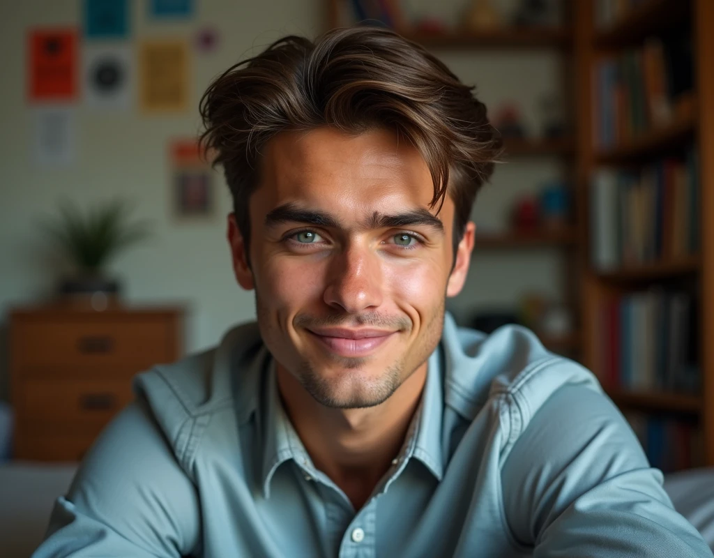 young man with brown hair smirking in his bedroom, stock photo
