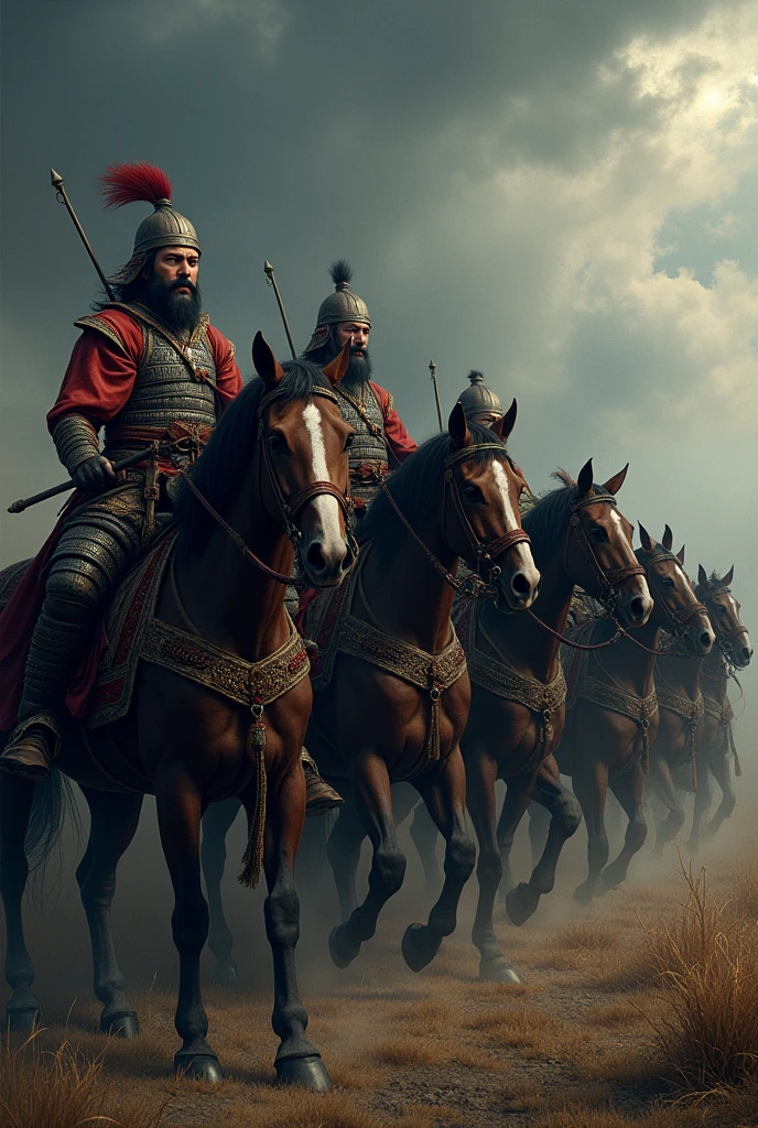Create me the most angry Asian warriors in 11 century they should be standing in line they have flat face and small angry eyes they should be riding horses and standing in the dark stormy weather