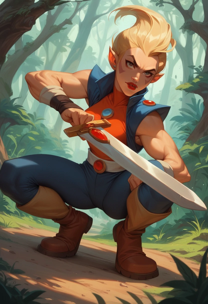 cheetarahot, red lips, Blonde, squat, in a forest, dynamic pose, holding the sword of omen from Thundercats