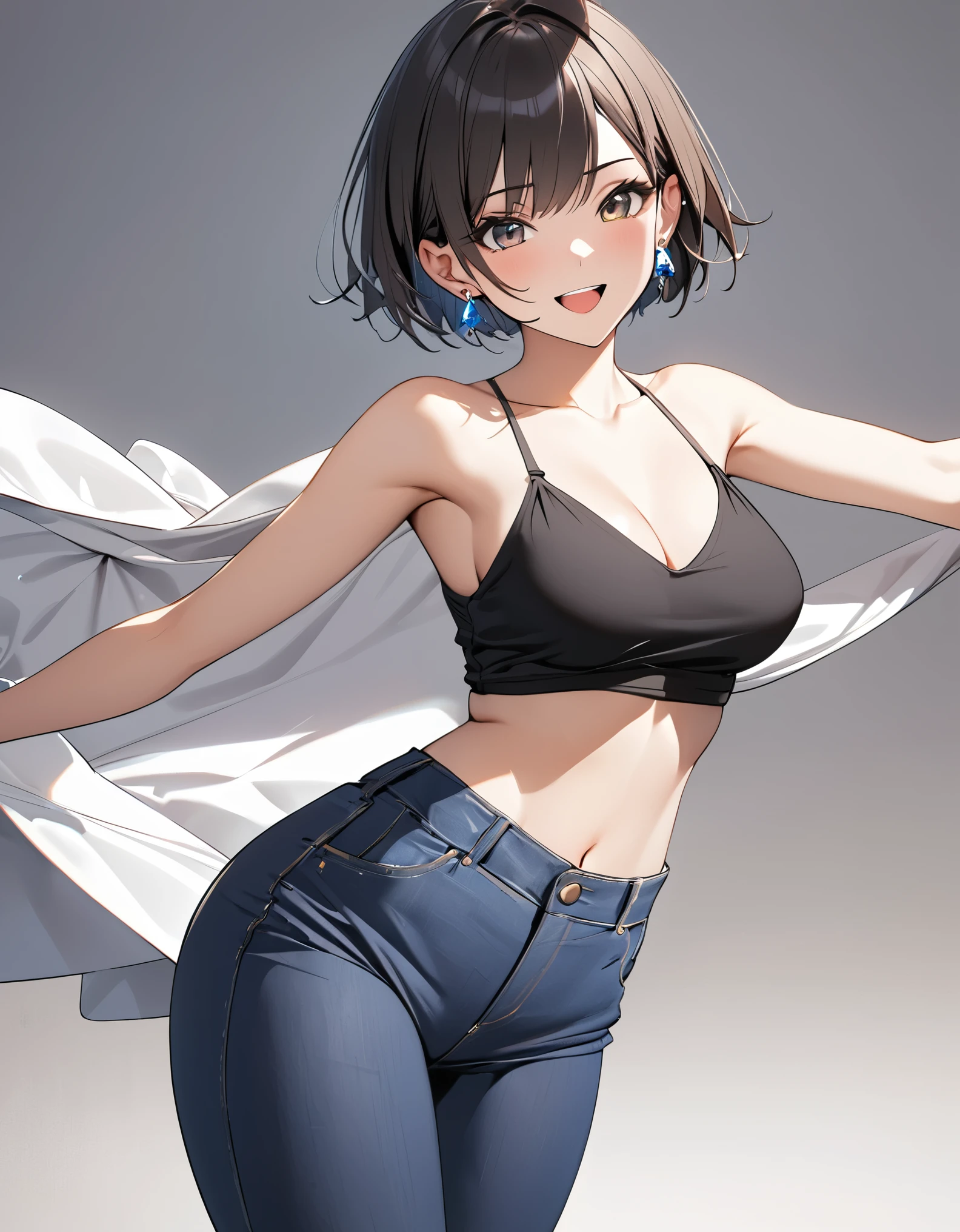 1girl, best quality, beautiful, short hair, 8K, act naughty pose, cloth and pants, dynamic angle, happy, earrings, perfect body, concept