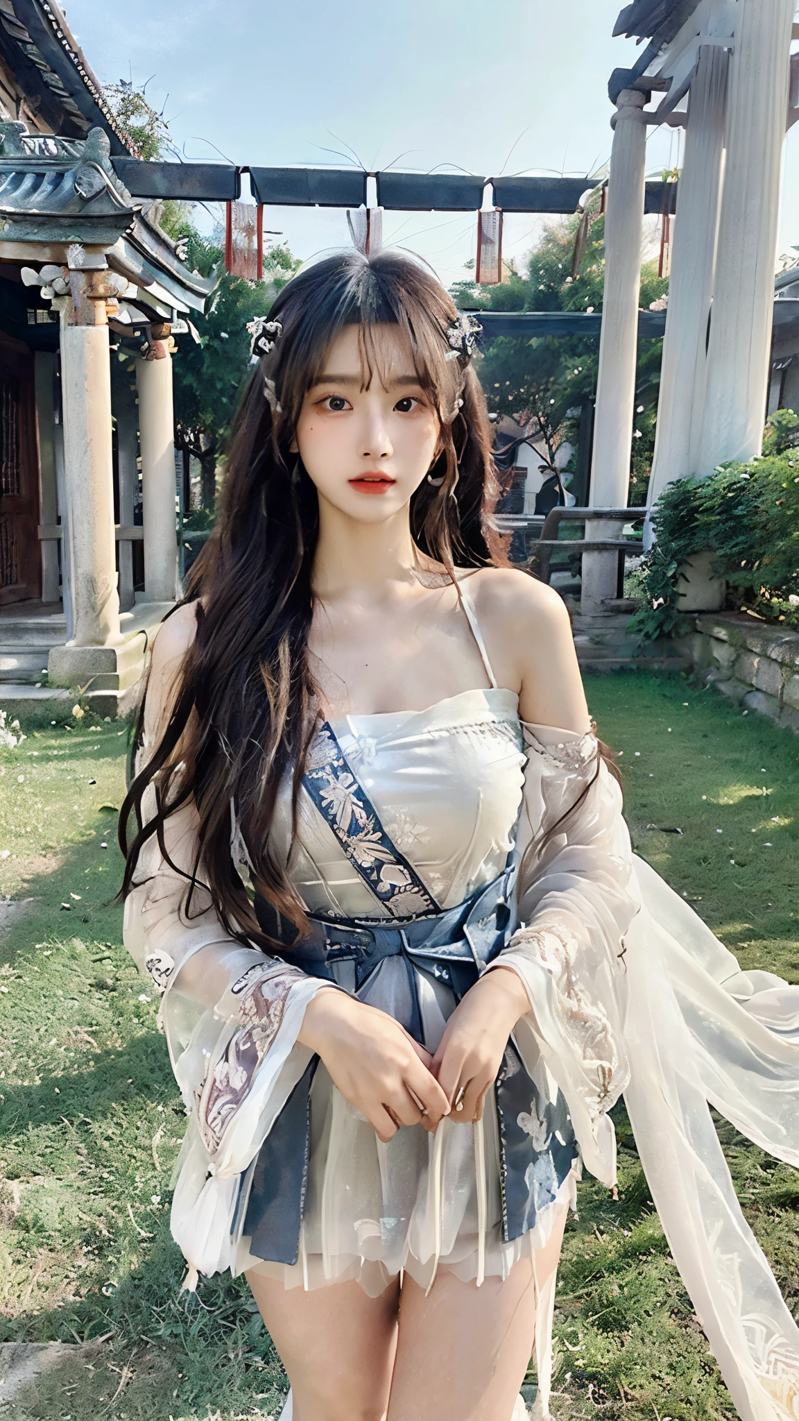 (photo-realistic, ultra-realistic 8k CG: 1.2), perfect artwork, exquisite patterns, (best quality, intricate details, extremely complex: 1.2), 70mm telephoto lens, perfect lighting, detailed lighting, dramatic shadows, ray tracing, bloom, 1 girl, solo, idol, woman, girly, bright eyes, (detailed eyes), (wet skin, nsfw: 1.1), (very long hair, flowing hair, gorgeous hair, wind hair, strong wind, wind lift: 1.4), (ribbons in front, tulle: 1.3), earrings, filigree, removable sleeves, wide sleeves, (see-through clothes, semi-transparent clothes, armbands: 1.2), (revealing clothes), jewelry, (hollow breasts, slit chest, bare shoulders, off-shoulder, simple choker, no bra: 1.1), (horizon, distant view, far away, ancient temple: 1.2), simple background (pov legs, thighs, hanfu, hanfu: 1.4),