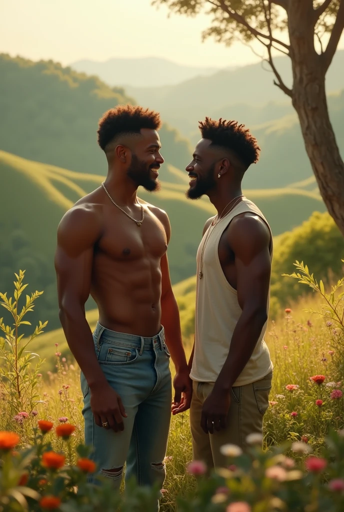 Dark-skinned man not so muscular next to singer Farina, a Colombian rapper, in the countryside. They enjoyed the happiness together