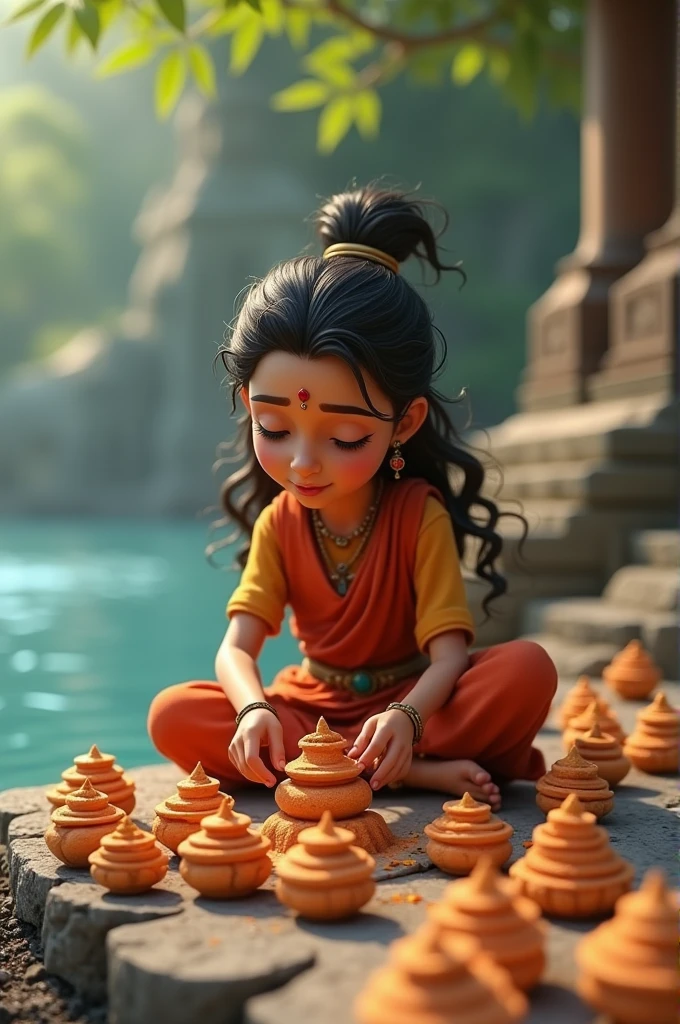 Scene Description: Show Ghushma in deep devotion, making 101 small Shiva Lingas from clay or stone. She is placing them carefully by the riverbank or in a temple, with a serene look on her face.
Focus: Ghushma’s unwavering faith and dedication to Lord Shiva.
Birth of Ghushma’s Son:  in Cinematic 3d style cartoon image 