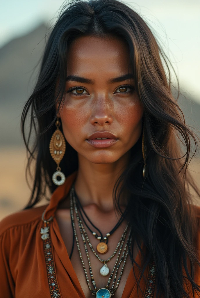 make a Native American woman who represents wisdom and history but in modern clothing