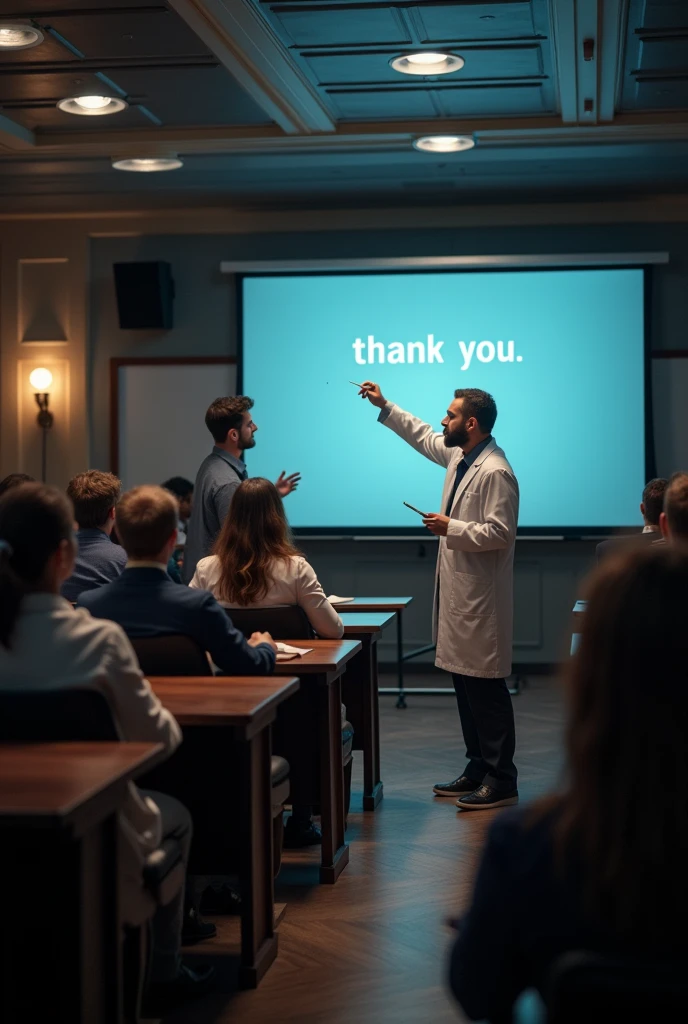 Male doctor professor drawing with auditorium with students in the background and THANK YOU on the screen