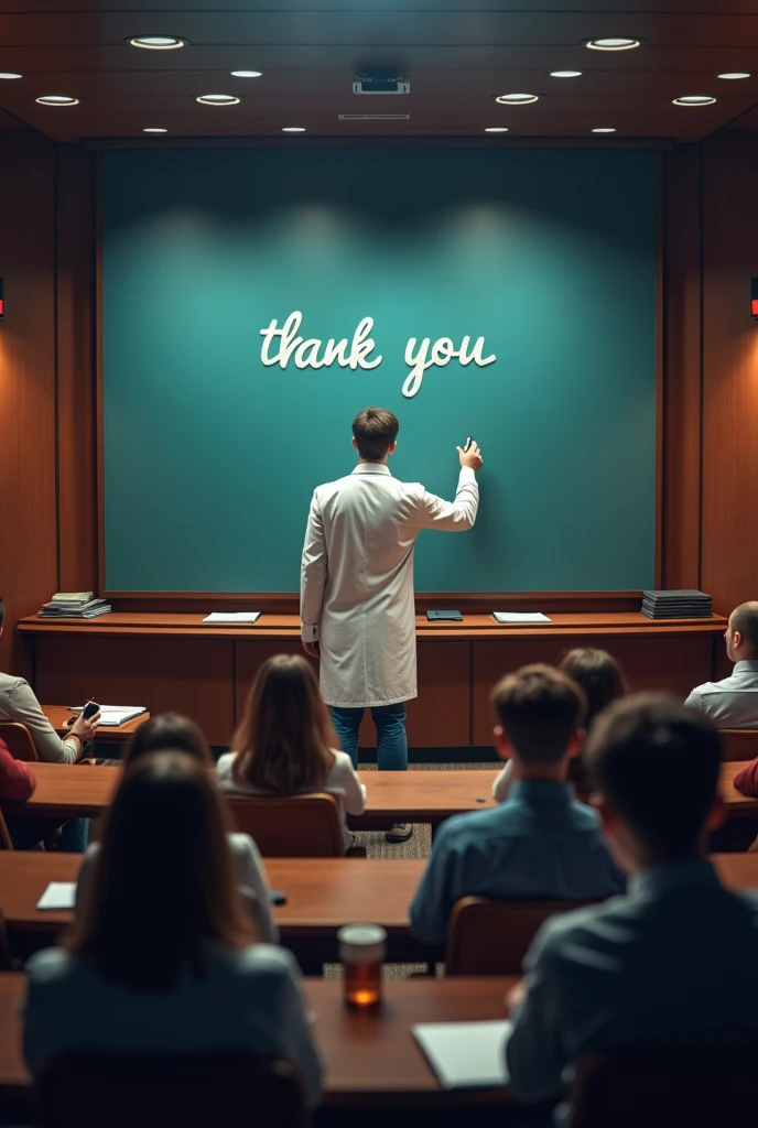 Male doctor professor drawing with auditorium with students in the background and THANK YOU on the screen