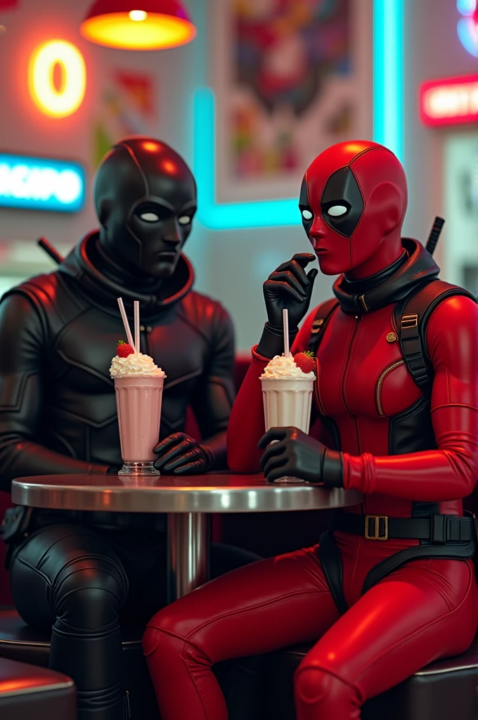 Two characters are sitting side by side in a stylish 80s diner.. The first character is a masked vigilante  (helmet)in black with black visor, with black armor that shines subtly in the light. He is silent and exudes a mysterious aura. The other character next to you has a vibrant red outfit., with black details, and a red mask that completely covers his face, except eyes with white lenses . He is playing with a straw, while drinking a strawberry milkshake, clearly enjoying the moment. Both characters have milkshakes in their hands., with different flavors, and there is a slight camaraderie between them, despite their contrasting personalities. The background of the diner is colorful, with neons and retro posters, creating a nostalgic and fun atmosphere. crie essa imagem