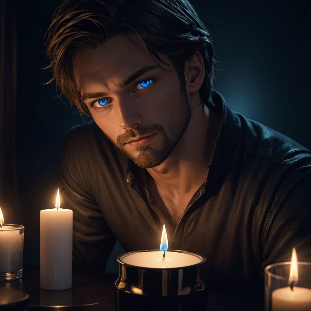 Handsome guy with intense blue eyes is sitting in a completely dark room. There's a lit candle 30 centimeters away from his face, illuminating his beautiful features. Photorealistic style. 8k resolution. Very detailed.