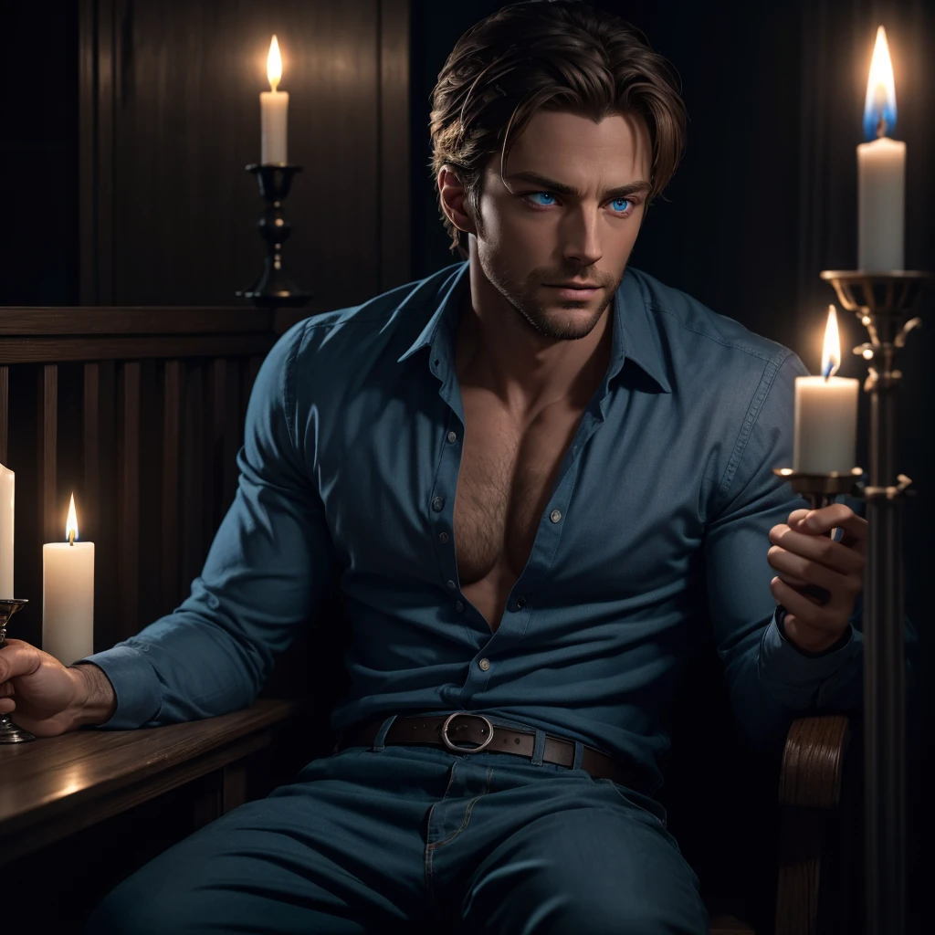 Handsome guy with intense blue eyes is sitting in a completely dark room. There's a lit candle 30 centimeters away from his face, illuminating his beautiful features. Photorealistic style. 8k resolution. Very detailed.