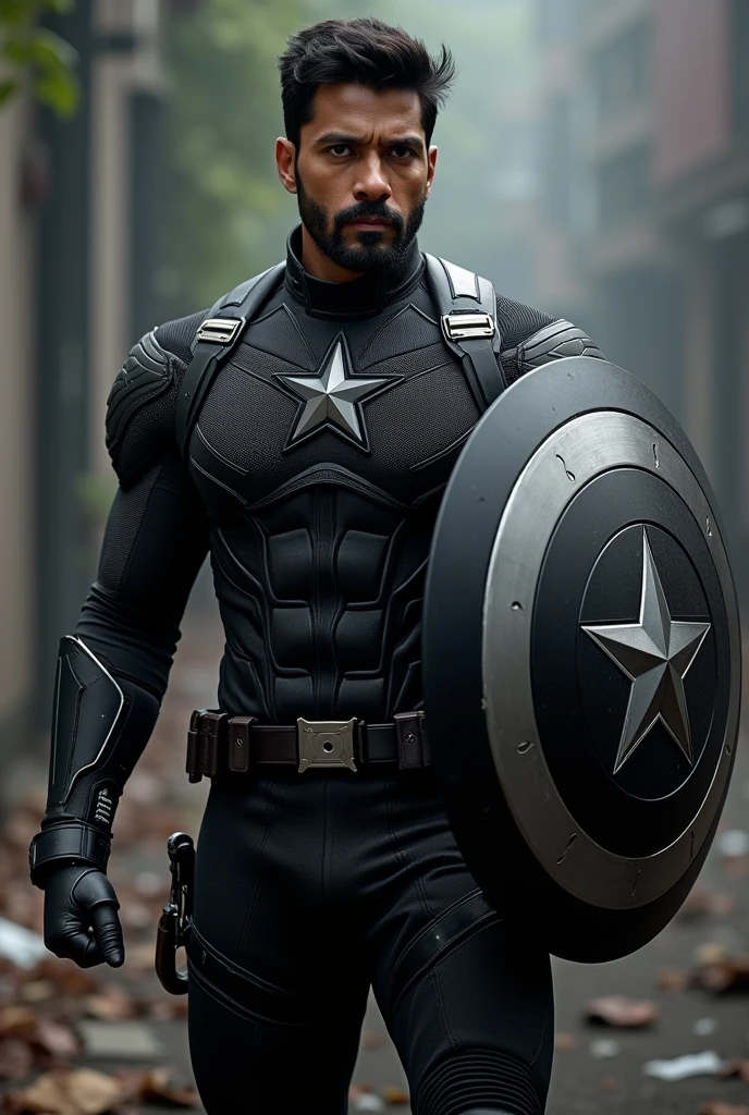 Actor ajith as captain america but with full black superhero suit with sheild with his hand