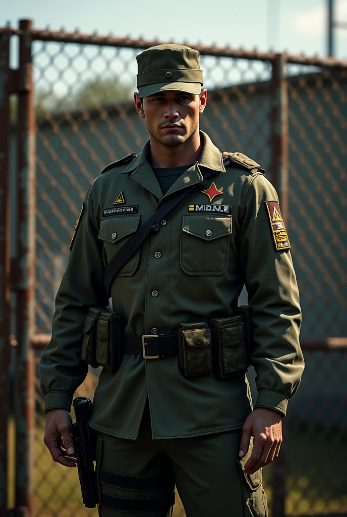 
arafed солдат В униформе standing in front of a fence, in a soldier uniform, in military uniform, ready for battle,  Army uniform, edited, носить военную форму in Unreal Engine 5 style