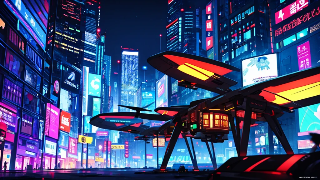 Night city ,Cyberpunk, Drones flying in the sky
