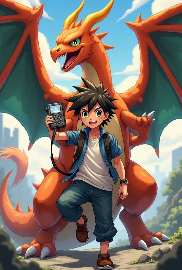 Create a gamer anime boy image holding a red pokedex in his hand and Charizard is standing behind him boy wearing headphones 
Make Charizard more realistic 