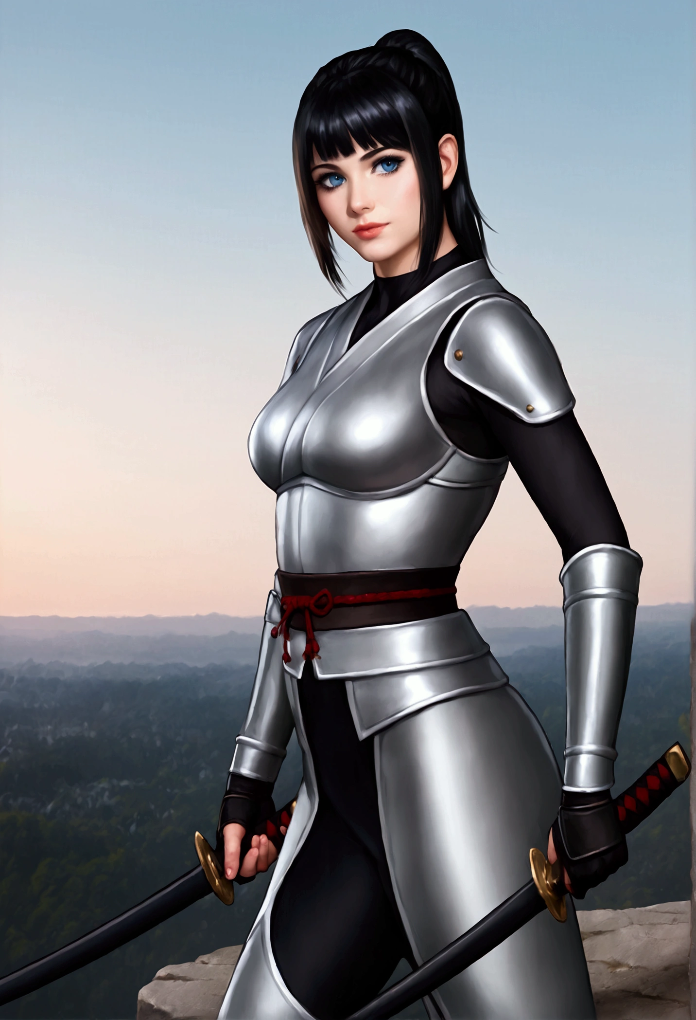 1 girl standing on a cliff wearing samurai armor, black ponytail hair, blue eyes, beautiful face, holding a katana, photorealistic 0.95, realistic background 1.90, realistic sky 2.0