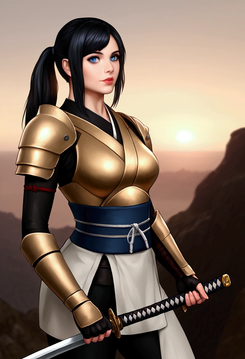 1 girl standing on a cliff wearing samurai armor, black ponytail hair, blue eyes, beautiful face, holding a katana, photorealistic 0.95, realistic background 1.90, realistic sky 2.0