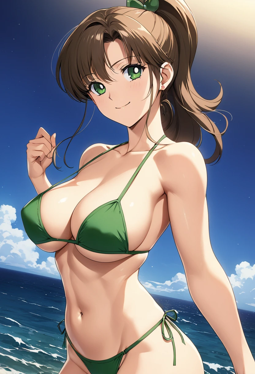 Highest quality, Great quality, 16K, Unbelievably absurd, Very detailed, 2.5D, delicate and dynamic, (Makoto Kino),blue sky, Small face, Very delicate look, Delicate eye depiction, Very Fine Hair, erotic, sexyな女性, Composition showing the buttocks,Healthy body shape, Swimwear,Green Micro Bikini、Green T-bag,smile、 height: 175cm, Light brown long hair,ponytail、 sexyな長い脚, Abdominal muscles,Glowing Skin, The background is the sea ,1990s \(style\),、(E-cup beautiful breasts)、Muscular、sexy,Cinema Lighting, (完璧なGlowing Skin:0.6),Always high quality CG Unity 8K wallpapers